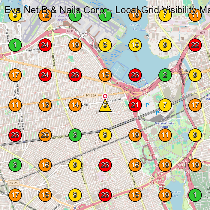Eva Net B & Nails Corp Beauty Salon GeoGrid ranking map for Queens NY